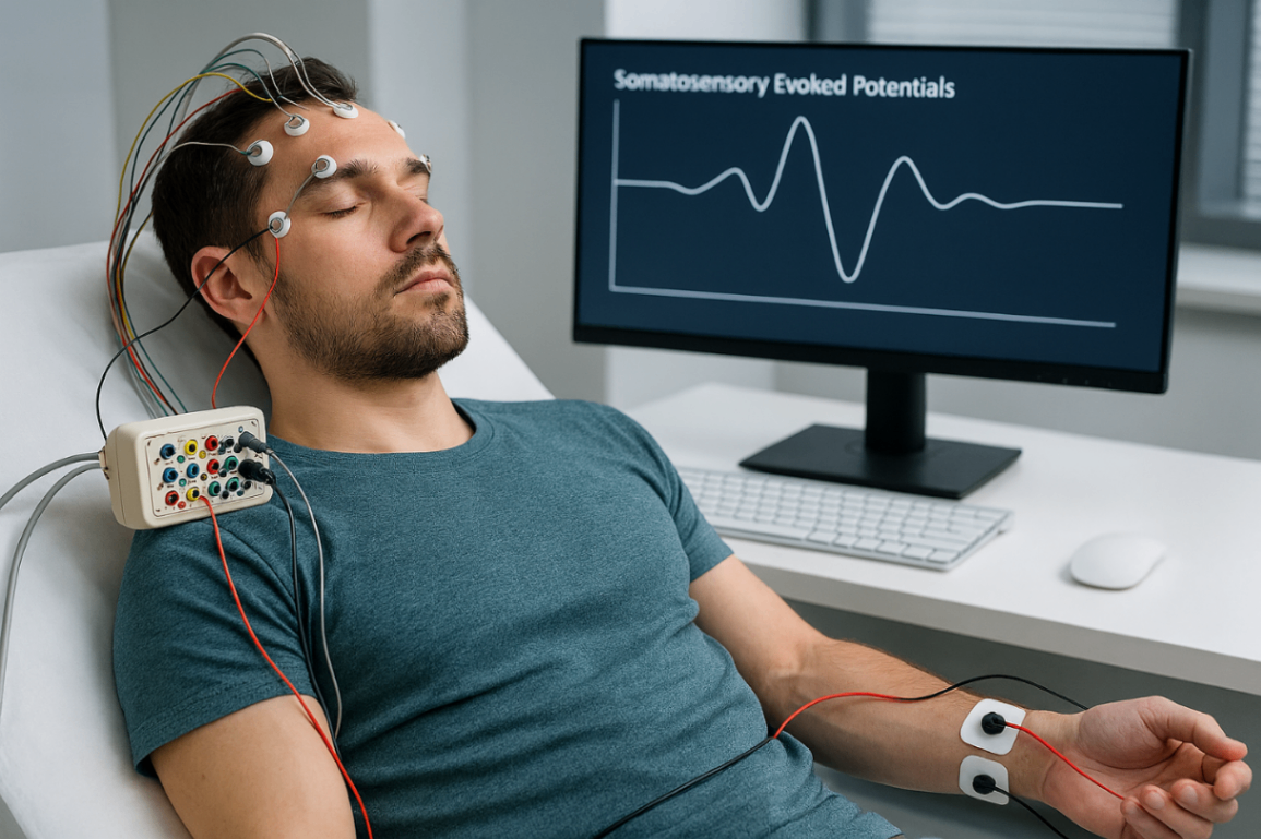 Esecuzione di potenziali evocati somatosensoriali su un paziente
